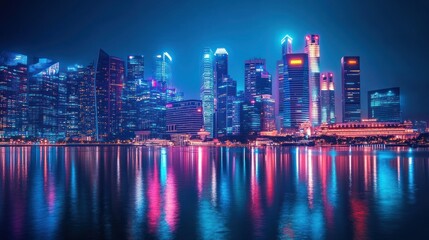 Vibrant cityscape skyline at night, reflected in water, futuristic city lights