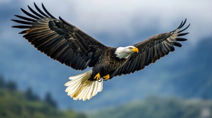 Fototapeta premium A majestic bald eagle soaring freely, its wings spread wide against the sky