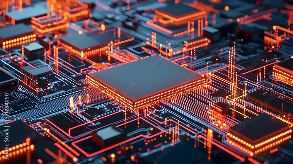 Poster abstract circuit board design with glowing lines and components