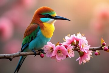 Fototapeta premium Vibrant bird perched on flowering branch in spring light