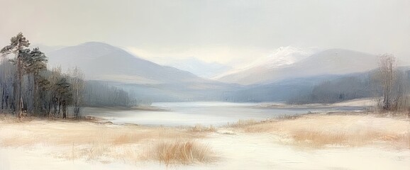 Fototapeta premium Serene waters nestled amongst rolling mountains and forests, under a soft, muted sky