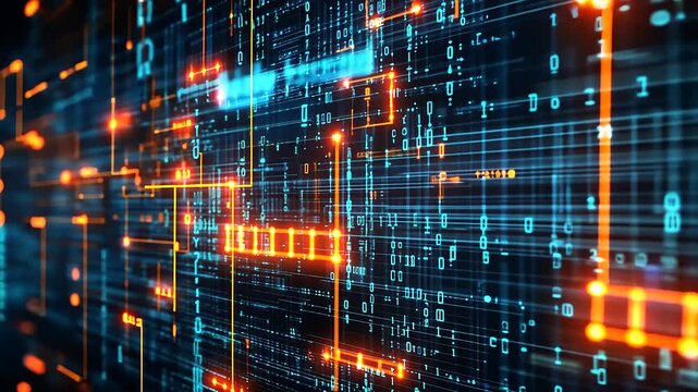 Abstract digital data visualization with glowing lines and binary code in a futuristic background