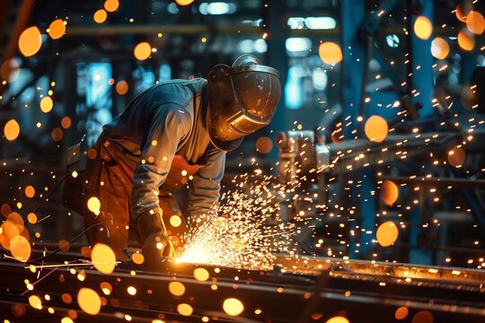 Ultra realistic photo of metalworker using a blowtorch in a steel factory intense sparks glowing hot metal sweat visible on workers face