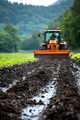 Tractor plowing muddy field, rural landscape
