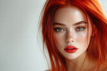 Close Up Portrait Of A Woman With Vibrant Red Hair And Red Lipstick