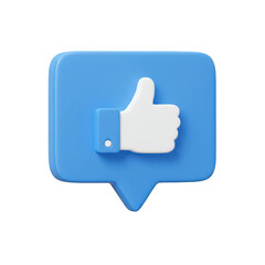A 3D illustration of a blue chat bubble with a white thumbs-up icon inside isolated on transparent background