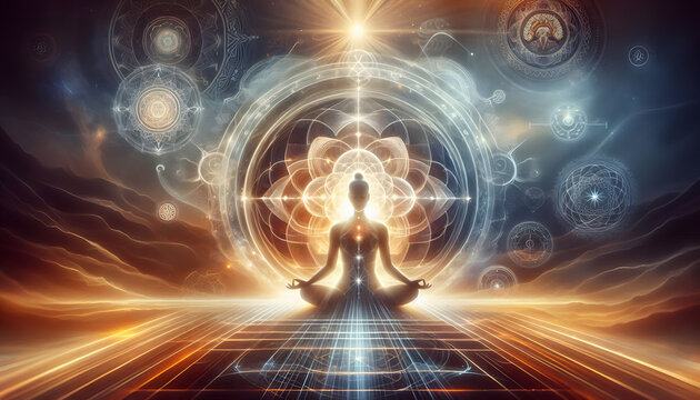 Silhouette of person meditating with golden light emanating from their body, surrounded by sacred geometry patterns and cosmic energy grids in warm orange and blue tones.