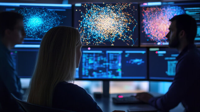 Beautiful Male Computer Engineer and Scientists Create Neural Network at His Workstation. Office is Full of Displays Showing 3D Representations of Neural Networks.