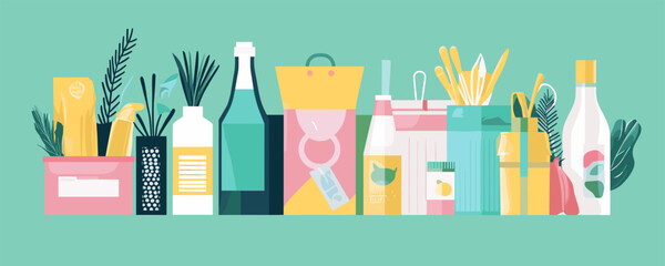 Colorful eco-friendly kitchen containers and utensils arrangement - vector
