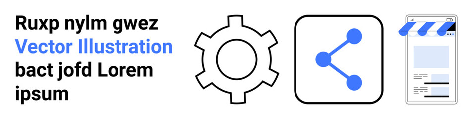 Gear icon, share symbol, e-commerce storefront, and bold text emphasizing functionality and connection. Ideal for technology, digital development, e-commerce, data sharing, teamwork tech branding