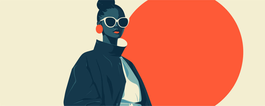 Fashionable woman with sunglasses and red circle background, modern art style vector