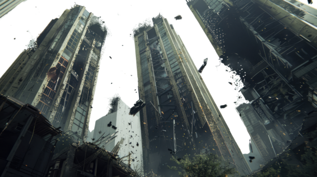 The Ruins of Urban Destruction: The image showcases a dramatic scene of partially destroyed skyscrapers against a dramatic sky, representing a disaster scenario.