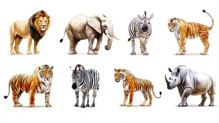 Naklejka premium Safari animals watercolor illustration elephant zebra lion tiger rhinoceros