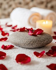 Relaxing Spa Setting with Candle, Stone, and Rose Petals