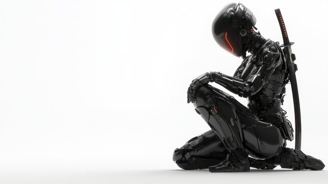 Science fiction cyborg female kneeling on one knee holding a katana in one hand - Powered by Adobe