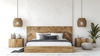 Modern, minimalist bedroom with light wood accents and white walls