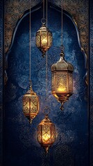 Elegant islamic lanterns hanging against a ornate dark blue backdrop