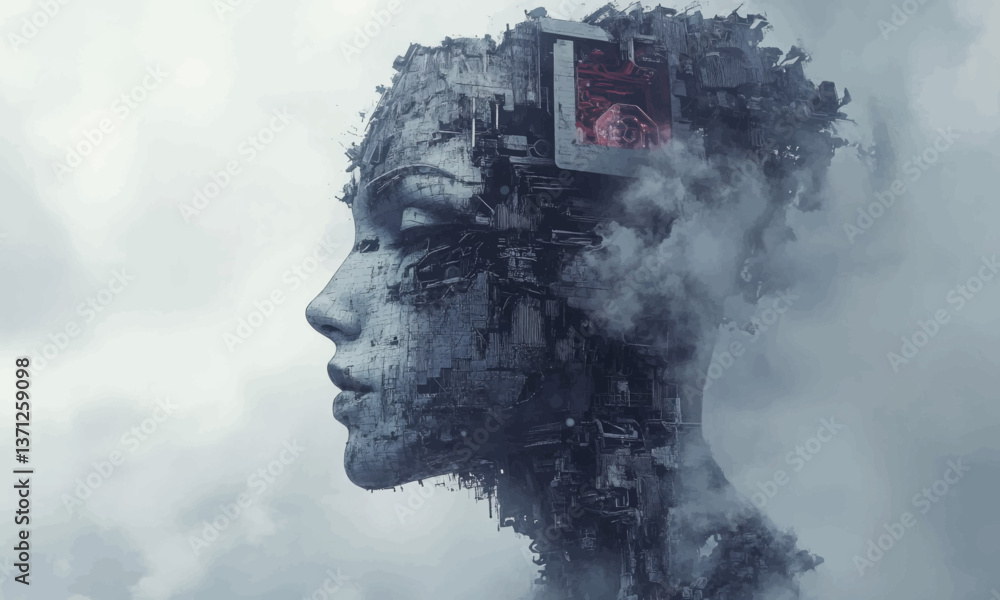 Poster human face formed from clouds, with computer chip embedded.