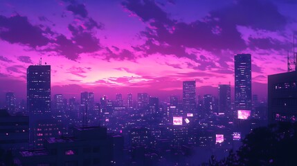 Obraz premium Purple city skyline at night with glowing lights and clouds image