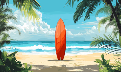 Vibrant beach with red surfboard and palm trees under blue sky - vector