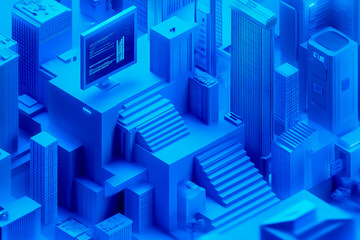 Fototapeta premium 3D isometric illustration of a futuristic blue cityscape consisting of interconnected staircases, digital screens, and technology-inspired architecture.