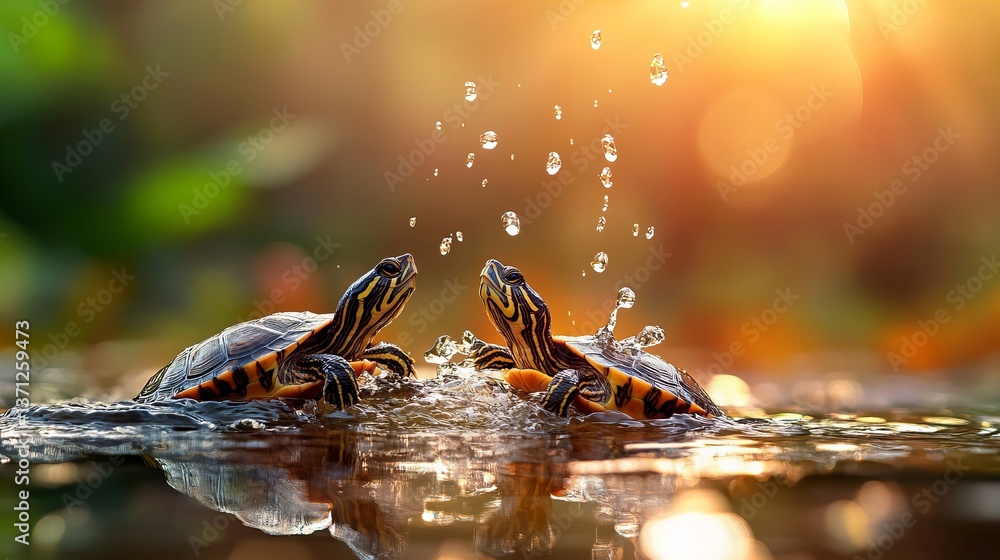 Poster two turtles are swimming in water, creating splashing droplets with a blurred background and bright 