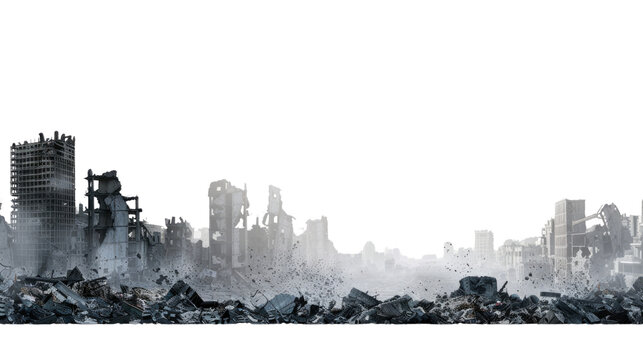 Urban Wasteland: An evocative view of a destroyed city skyline, capturing the desolate aftermath of an urban disaster, with rubble, ruined buildings, and a sense of loss.