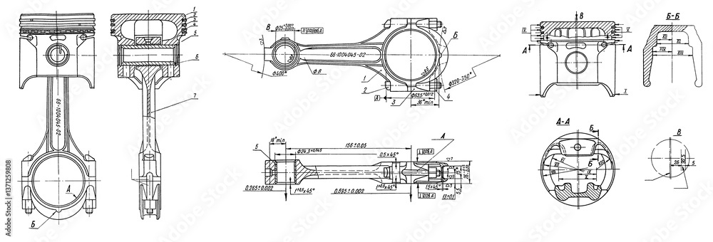 Poster piston and connecting rod of motorcycle, car engine. engineering mechanical drawing. technical machi