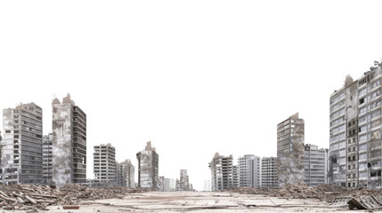 Urban Ruins: A desolate cityscape reduced to rubble and debris, showcasing the aftermath of destruction and the remnants of towering structures against an evocative backdrop.