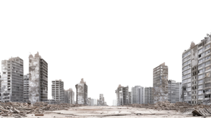 Urban Ruins: A desolate cityscape reduced to rubble and debris, showcasing the aftermath of destruction and the remnants of towering structures against an evocative backdrop.