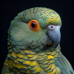 Close-up portrait of a parrot, showcasing its vibrant green, yellow, and blue feathers with incredible detail. The dark background enhances the parrot’s colors and fine feather patterns.