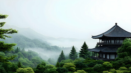Obraz premium Misty Mountain View With Asian Pagoda