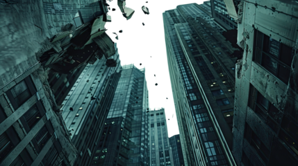 Destructive Heights: A dramatic composition capturing a moment of chaos and destruction within a city environment. The view looking up between destroyed buildings.