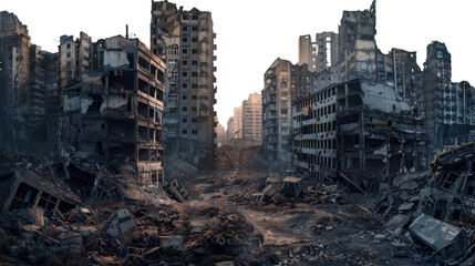 Cataclysmic Ruins: Capturing the stark desolation of a cityscape, buildings are ravaged, showcasing the impact of destruction, chaos, and aftermath. The photo portrays a scene of ruin and abandonment.