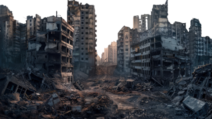 Cataclysmic Ruins: Capturing the stark desolation of a cityscape, buildings are ravaged, showcasing the impact of destruction, chaos, and aftermath. The photo portrays a scene of ruin and abandonment.