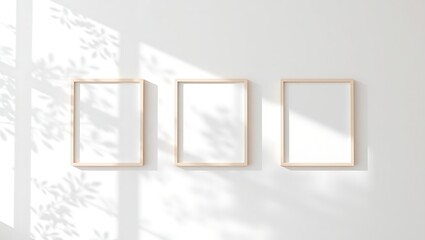 Three light wood frames hanging on a white wall with leaf shadows creating a bright and airy feel