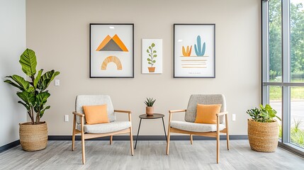 Modern waiting area with comfortable seating and art
