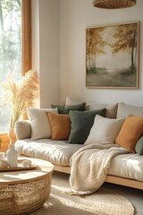 Cozy loveseat sofa near round accent coffee table. Scandinavian home interior design of modern living room in farmhouse.

