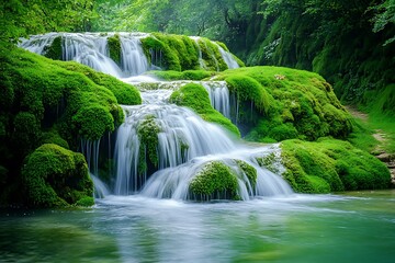 Tranquil waterfall cascading down moss-covered rocks, creating a serene and natural retreat