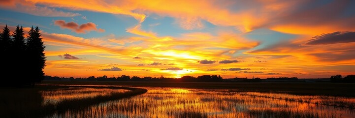 Obraz premium The setting sun bathes the landscape in warm orange and yellow hues