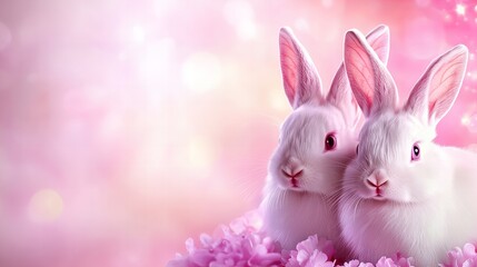 Obraz premium Two white bunnies are nestled together among pink flowers against a soft, blurred, pink background!