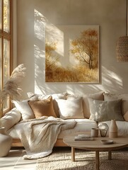 Cozy loveseat sofa near round accent coffee table. Scandinavian home interior design of modern living room in farmhouse.

