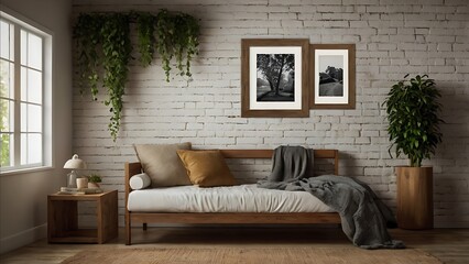 Living room interior with daybed, hanging plants, framed art and a white brick textured wall