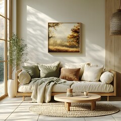 Cozy loveseat sofa near round accent coffee table. Scandinavian home interior design of modern living room in farmhouse.
