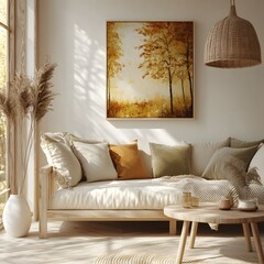 Cozy loveseat sofa near round accent coffee table. Scandinavian home interior design of modern living room in farmhouse.
