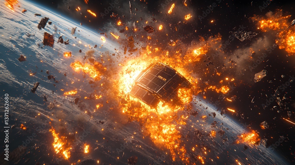 Wall mural a catastrophic space battle unfolds above earth, with burning debris and exploding spacecraft fillin