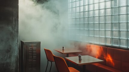Smoky cafe interior, tables, orange booths, industrial window, atmospheric lighting; website background