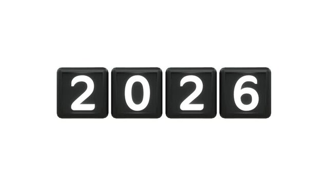 texte 2025 qui se transforme en 2026 - cubes en rotation - canal alpha s&eacute;par&eacute;