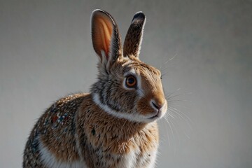 Fototapeta premium A brown and white rabbit with its ears up and looking at the camera