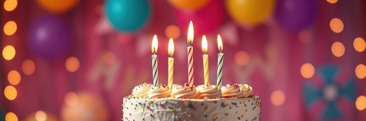 Colorful birthday cake with candles and festive decorations in a joyful celebration setting